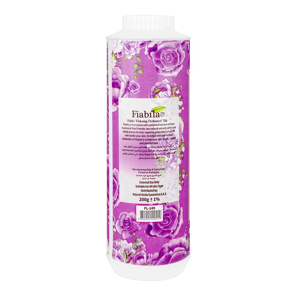 Side view of fiabila elegance whitening perfumed talcum powder, 200ml