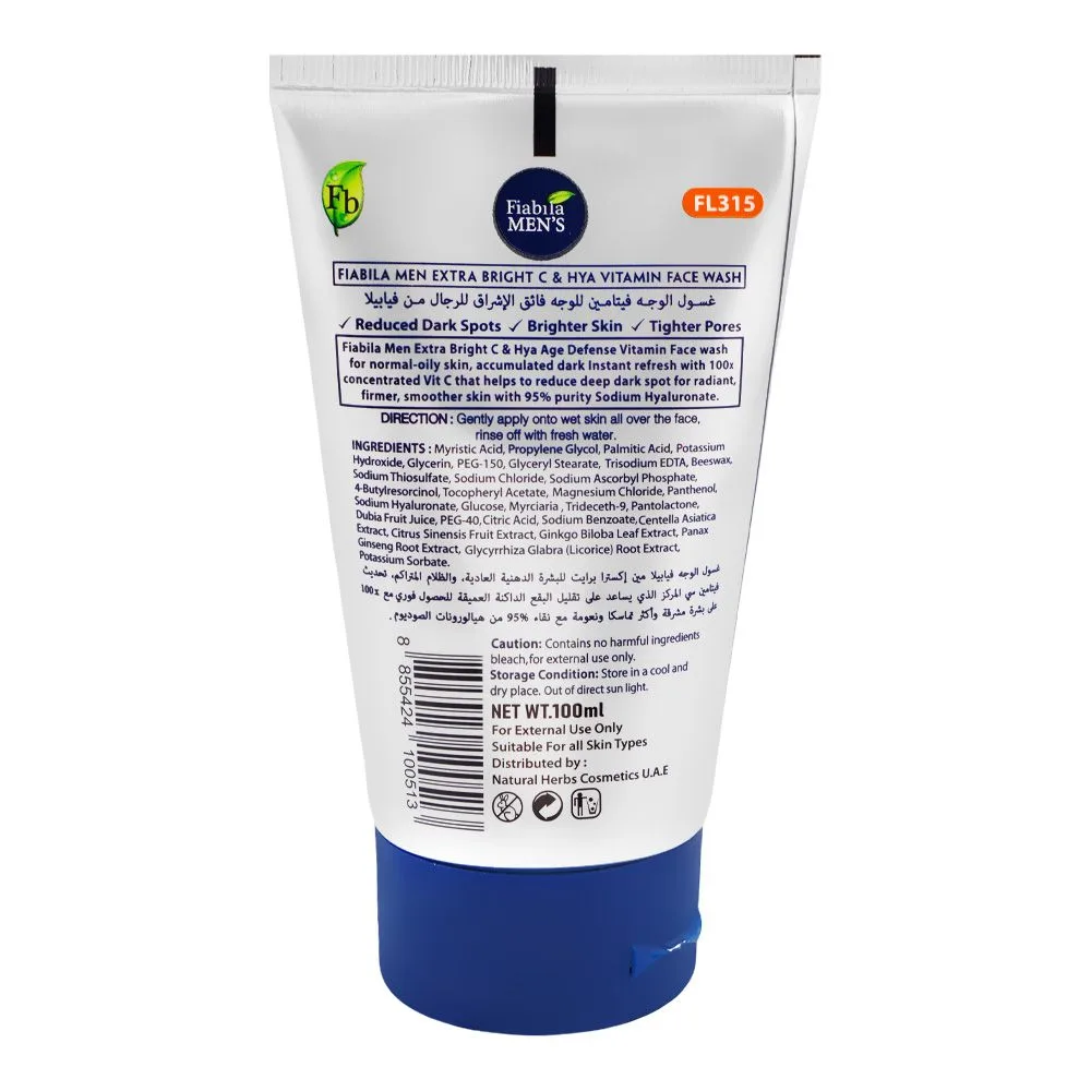 Side view of fiabila men's extra bright c & hya age defense face wash, vitamin c, for all types of skin, 100ml