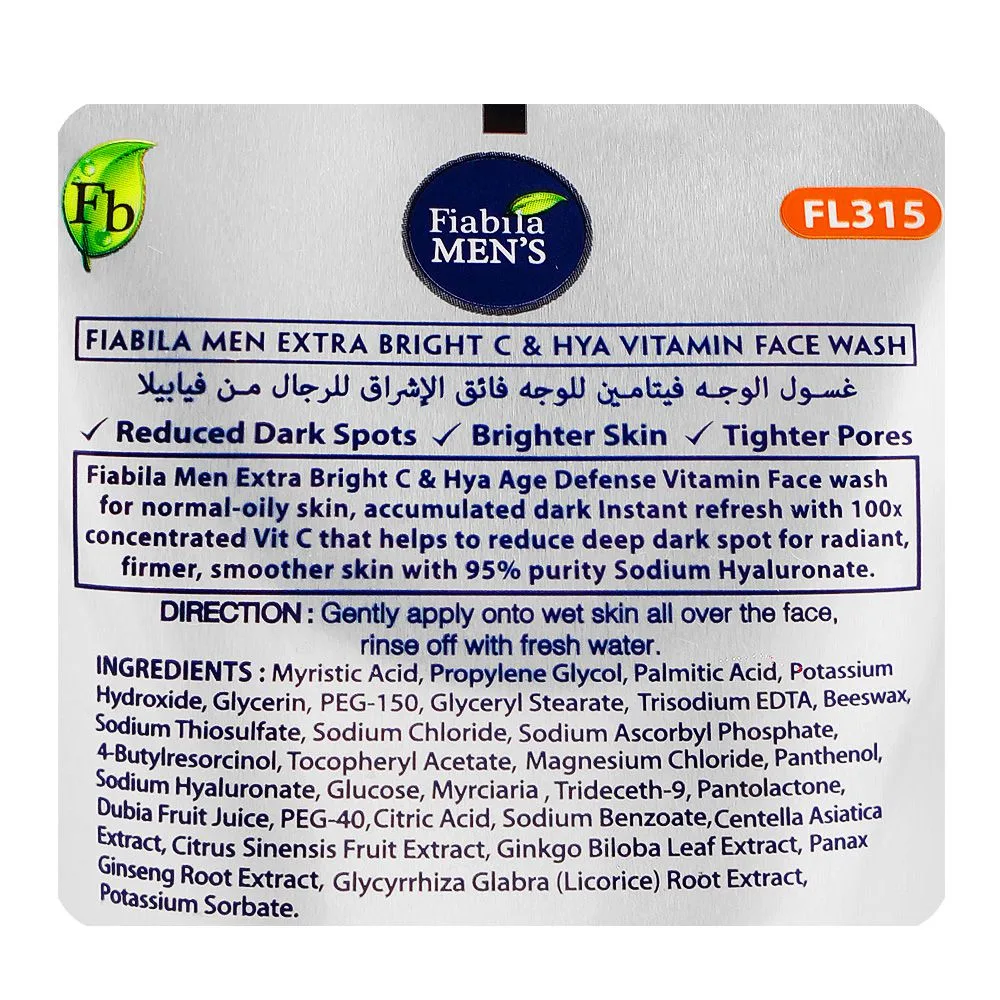 Comfortable casual fiabila men's extra bright c & hya age defense face wash, vitamin c, for all types of skin, 100ml