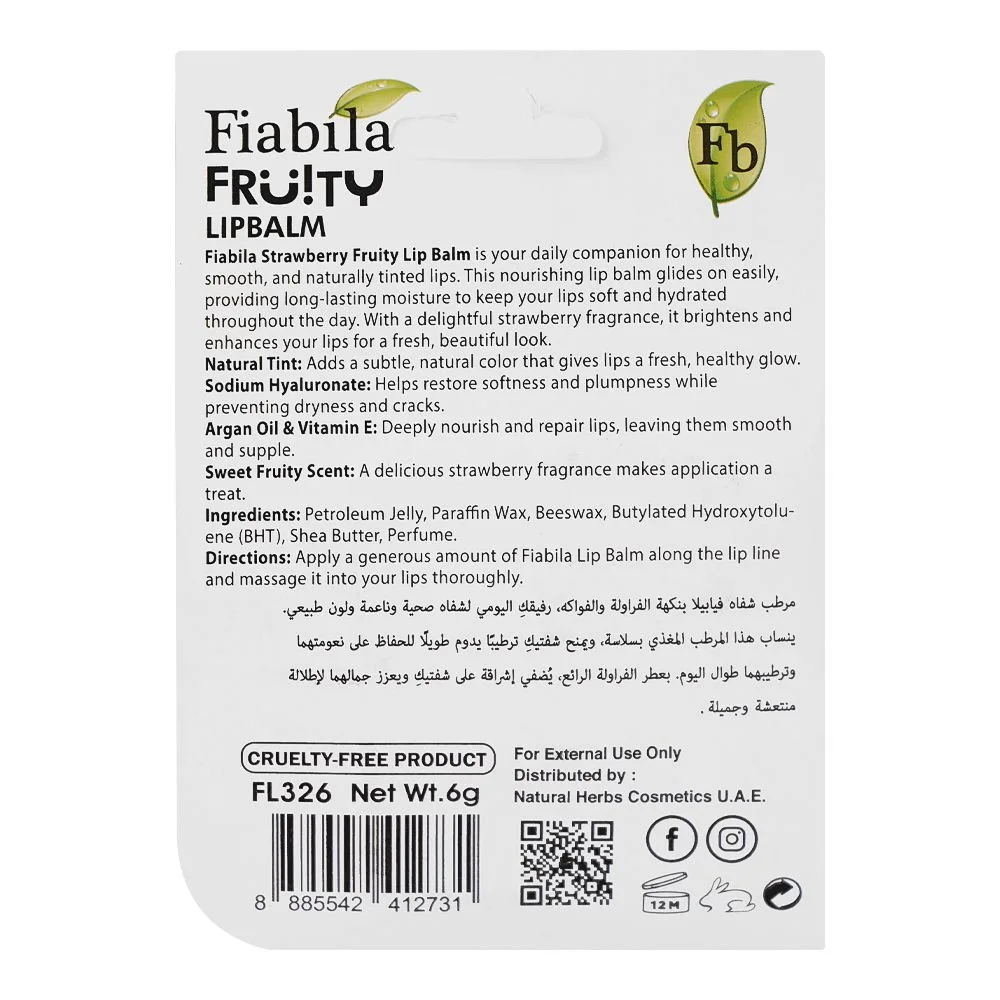 Side view of fiabila strawberry fruity lip balm, shea butter & vitamin e, 6g