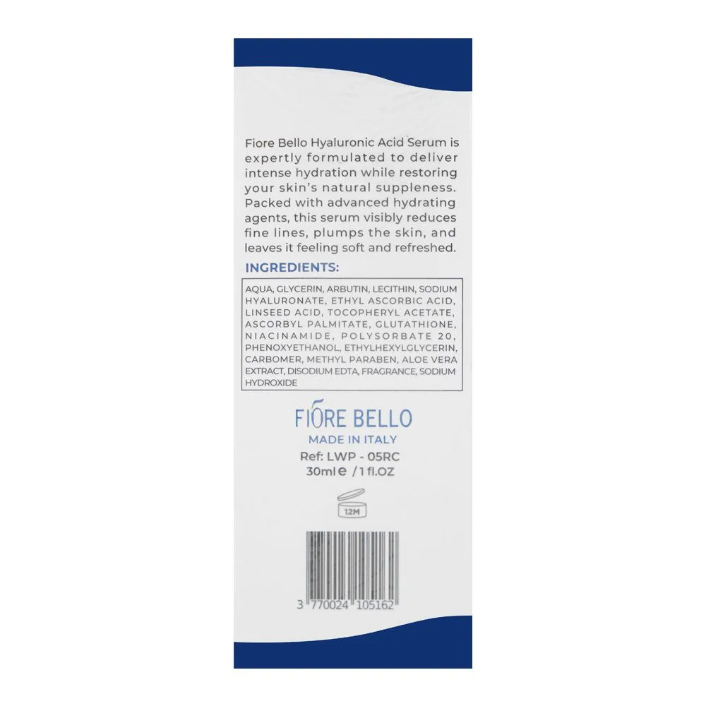 Side view of fiore bello hyaluronic acid 2% serum, hydrated & plumpy skin, 30ml