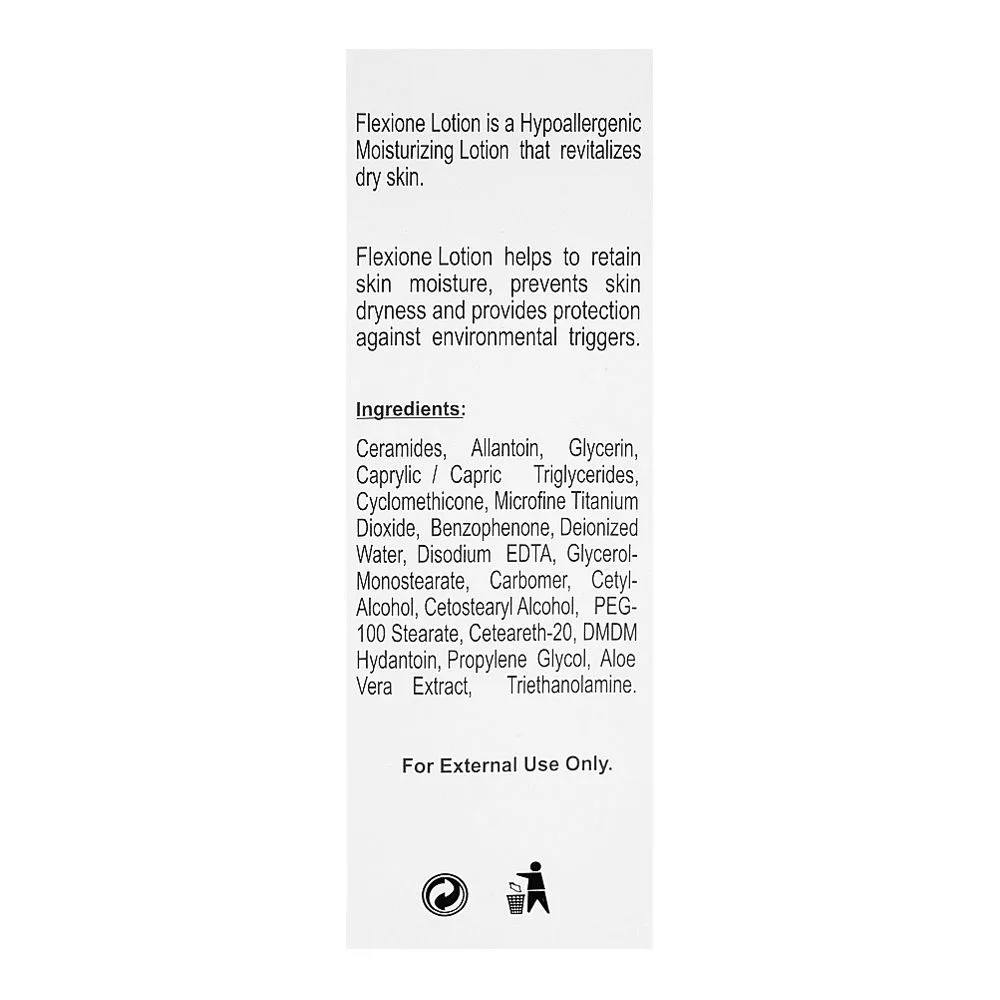 Side view of flexione hypoallergenic moisturizing lotion, paraben free, non greasy, 170ml