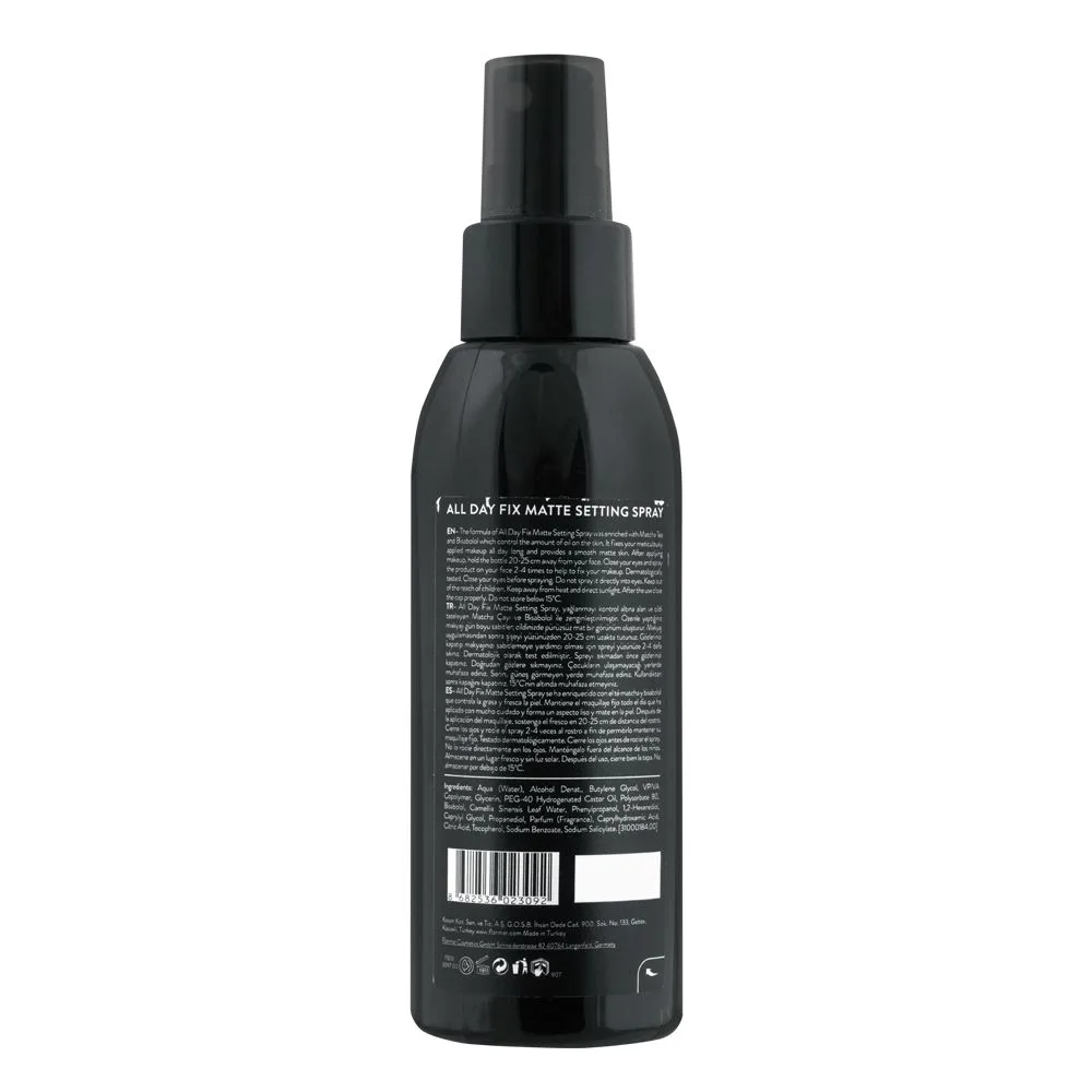 Side view of flormar all day fix matte setting spray, 125ml