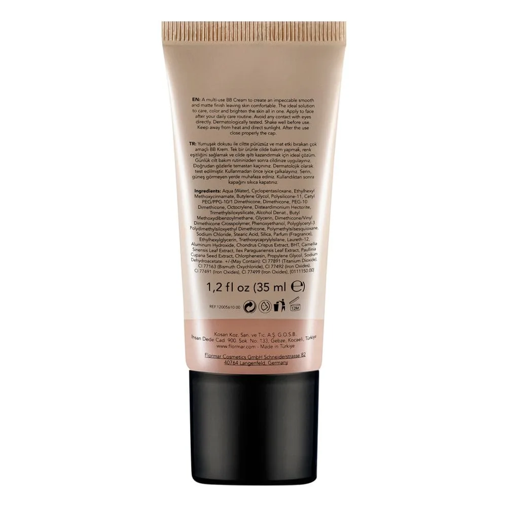 Side view of flormar mattifying bb cream, spf-25, light/medium, 04, 35ml