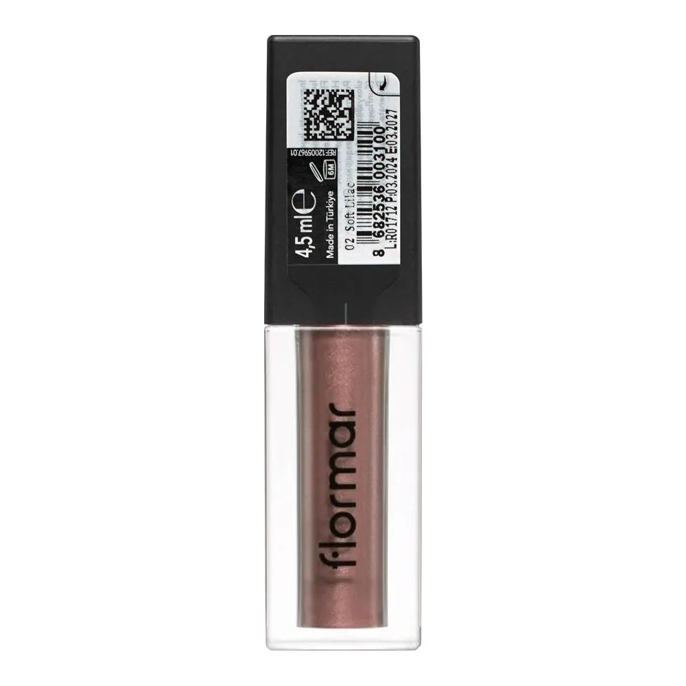 Side view of flormar shimmer & shine liquid eyeshadow, 02 soft lilac, 4.5ml