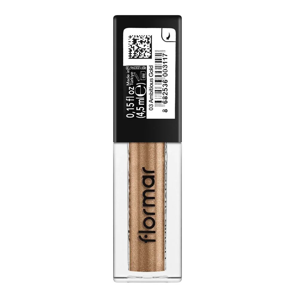 Side view of flormar shimmer & shine liquid eyeshadow, 4.5ml, 03 ambitious gold
