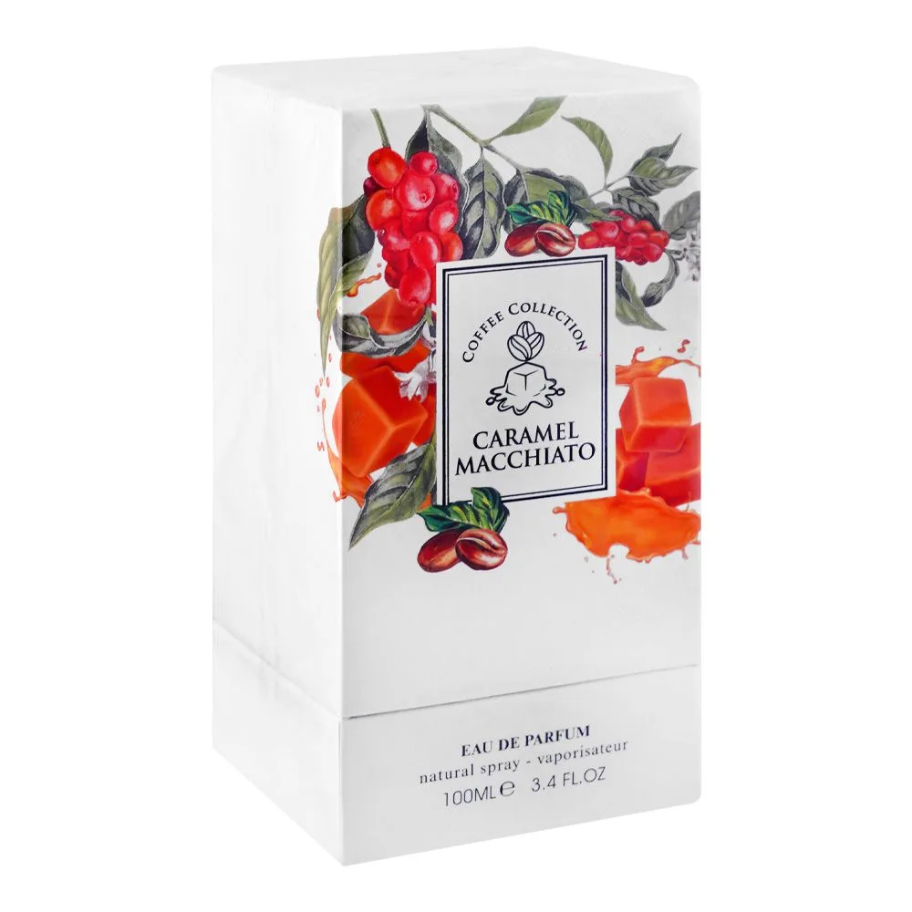 Side view of fragrance world caramel macchiato, eau de parfum, for men & women, 100ml