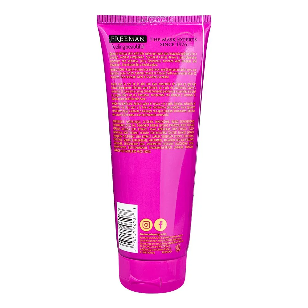 Side view of freeman feeling beautiful hydrating cactus+cloudberry water gel mask, for nourished skin, leave on mask, 175ml