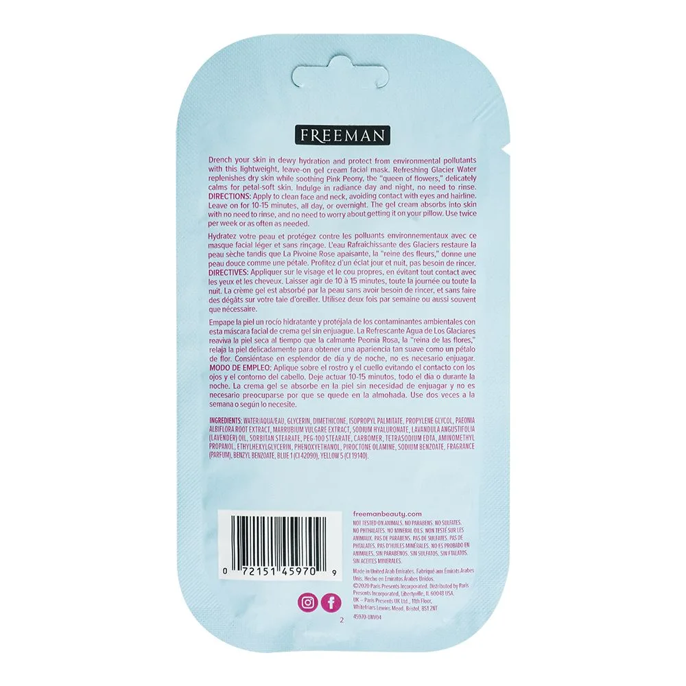 Side view of freeman hydrating glacier water + pink peony calms gel cream mask, for all skin types, 15ml