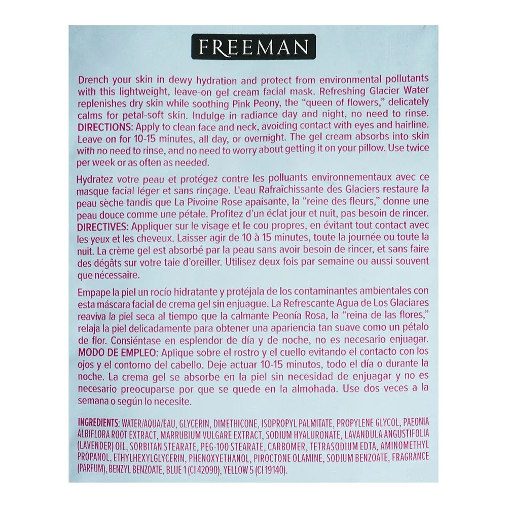 Comfortable casual freeman hydrating glacier water + pink peony calms gel cream mask, for all skin types, 15ml