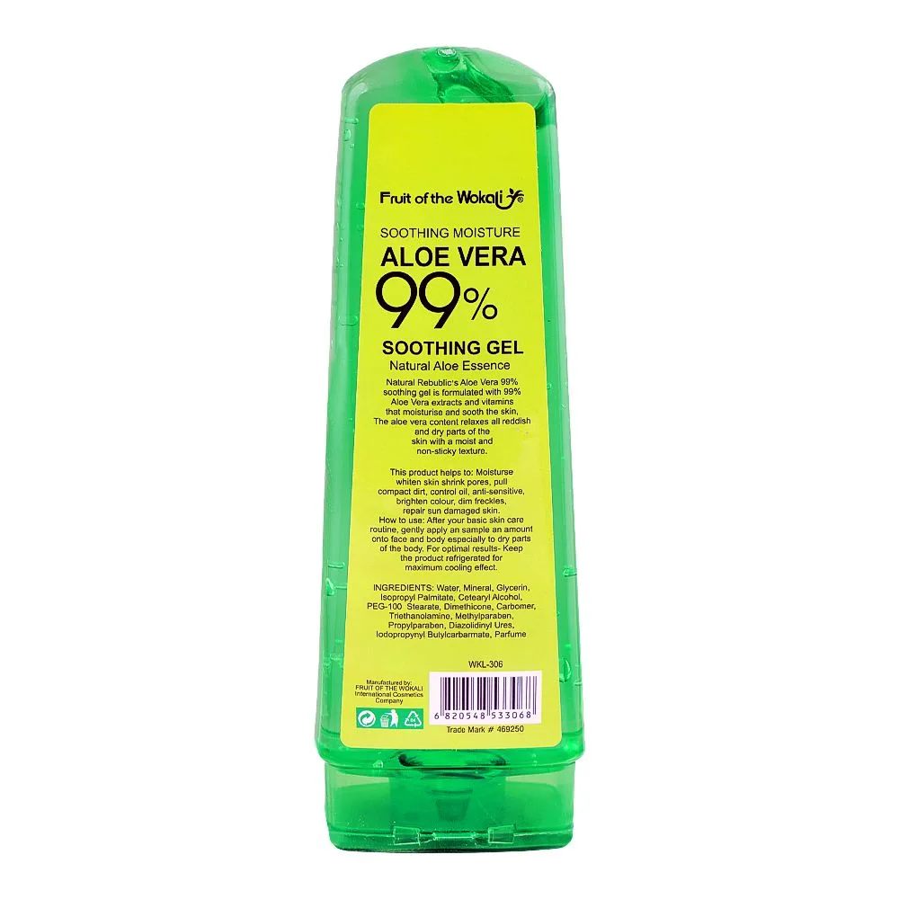 Side view of fruit of the wokali 99% aloe vera soothing gel, 250ml