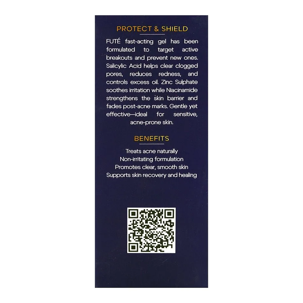 Side view of fute acne clarifying gel, salicylic acid, niacinamide & sulphate, for sensitive & acne-prone skin, 30ml