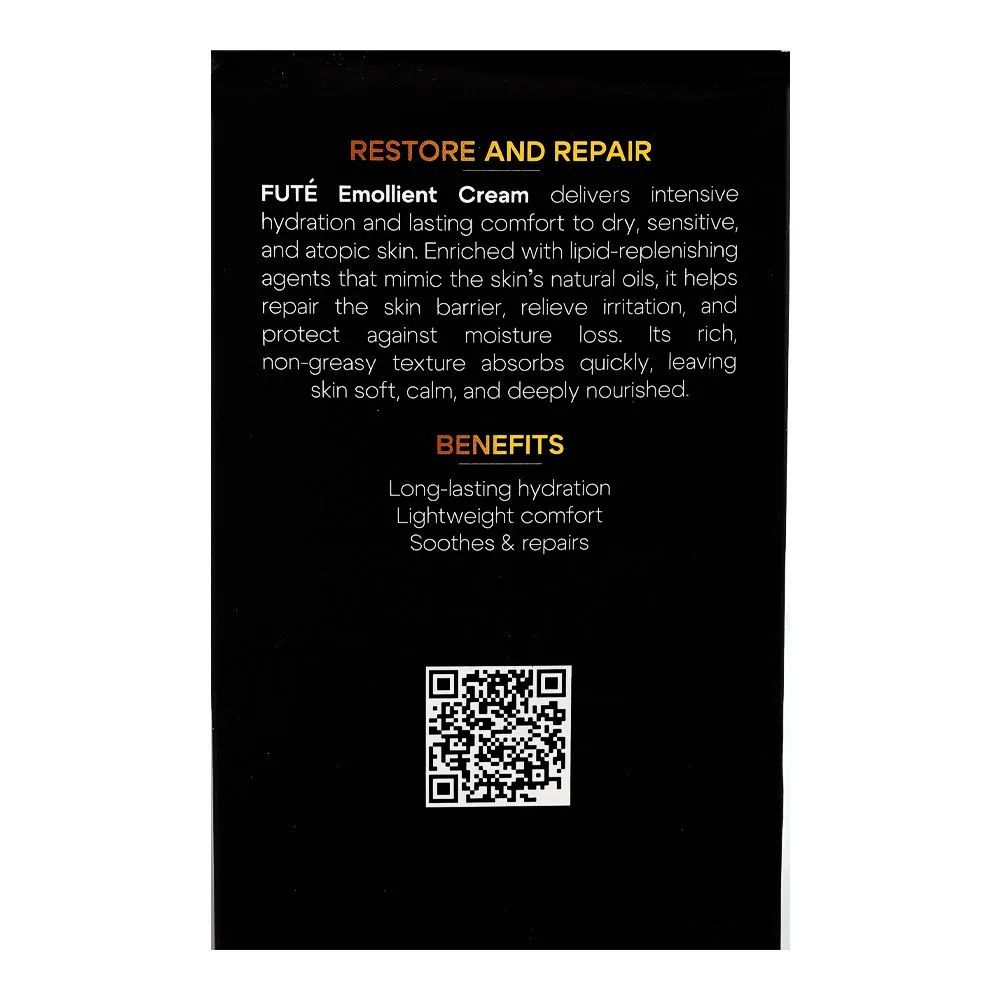 Side view of fute emollient cream for dry & atopic skin, white soft & light liquid paraffin, lanolin, for dry & atopic skin, 200g