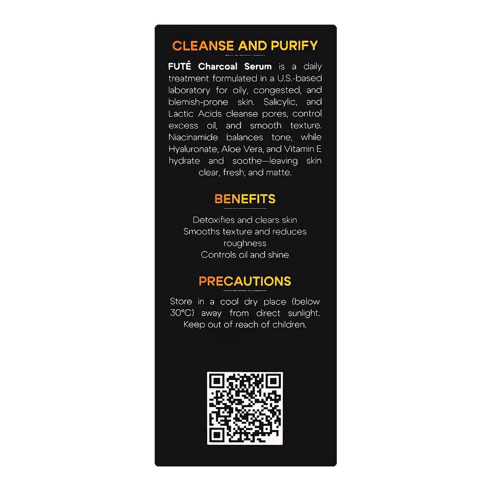 Side view of fute powder extract charcoal serum, niacinamide lactic acid & charcoal, for sensitive skin, 30ml