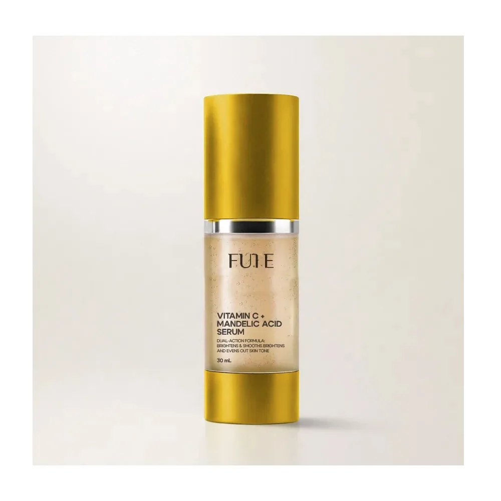 Side view of fute skin brightening vitamin c anti-wrinkle serum, ferulic acid, hyaluronic acid, for all types of skin, 30ml