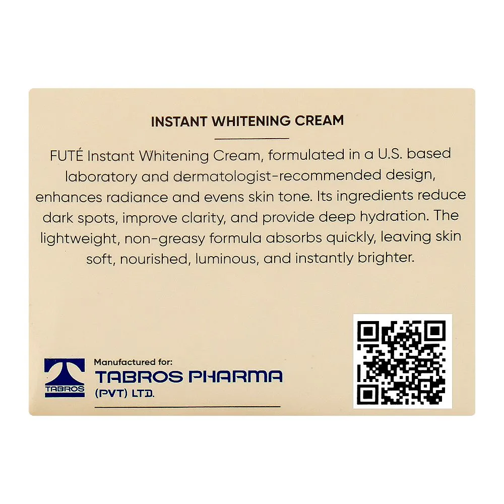 Side view of fute whitening & hydration formula instant whitening cream, zinc oxide, vitamin e, for glowing skin, 50ml