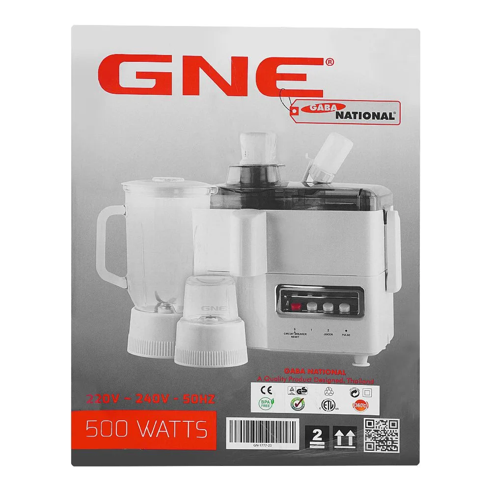 Side view of gaba national 3-in-1 juicer/blender/dry mill, 500w, gn-1777/23