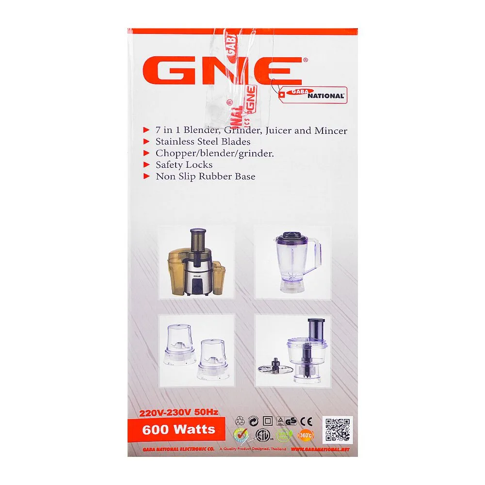 Side view of gaba national 7-in-1 food processor, 600w, gne-924/23 dlx