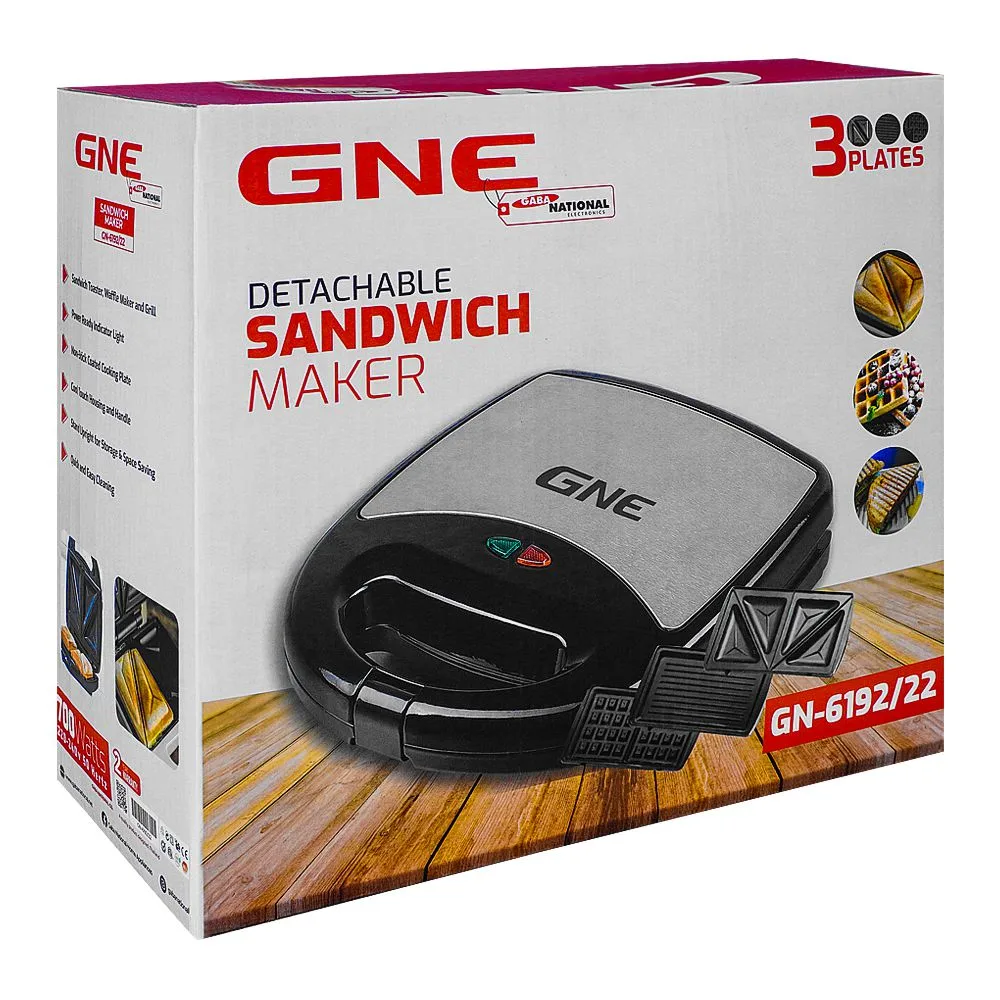 Side view of gaba national sandwich maker 3 steel plates, 700w, gne-6192/22