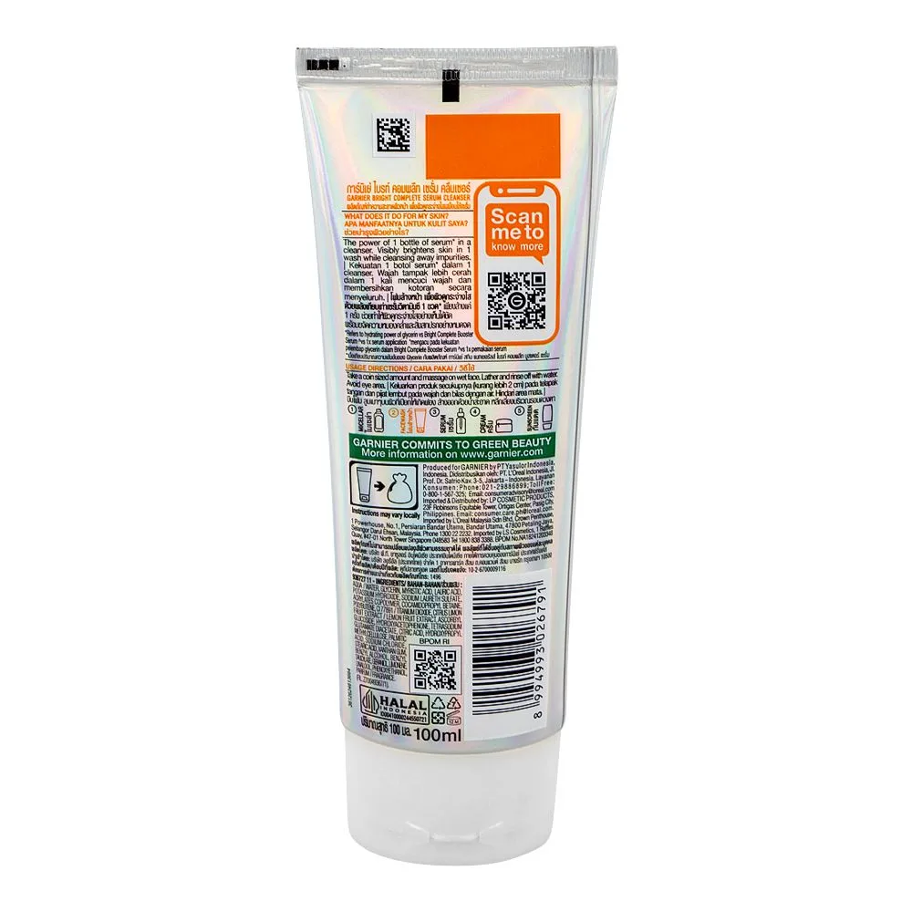 Side view of garnier bright complete vitamin c serum cleanser, citric acid, for all skin tones, 100ml