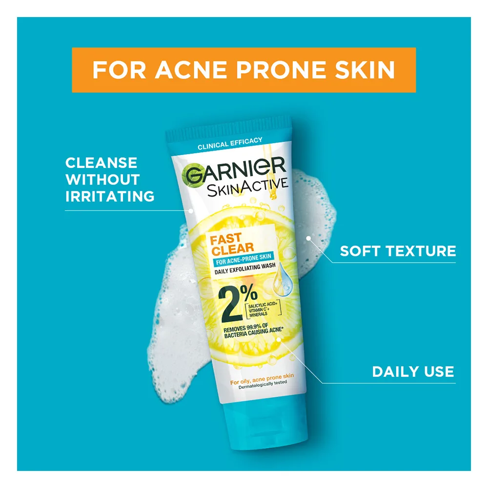 Side view of garnier fast clear facewash, for acne prone skin, 100ml