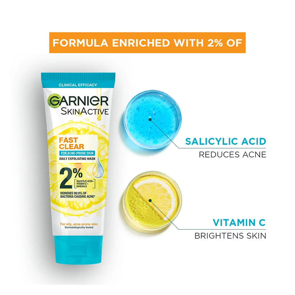 Premium everyday wear garnier fast clear facewash, for acne prone skin, 100ml