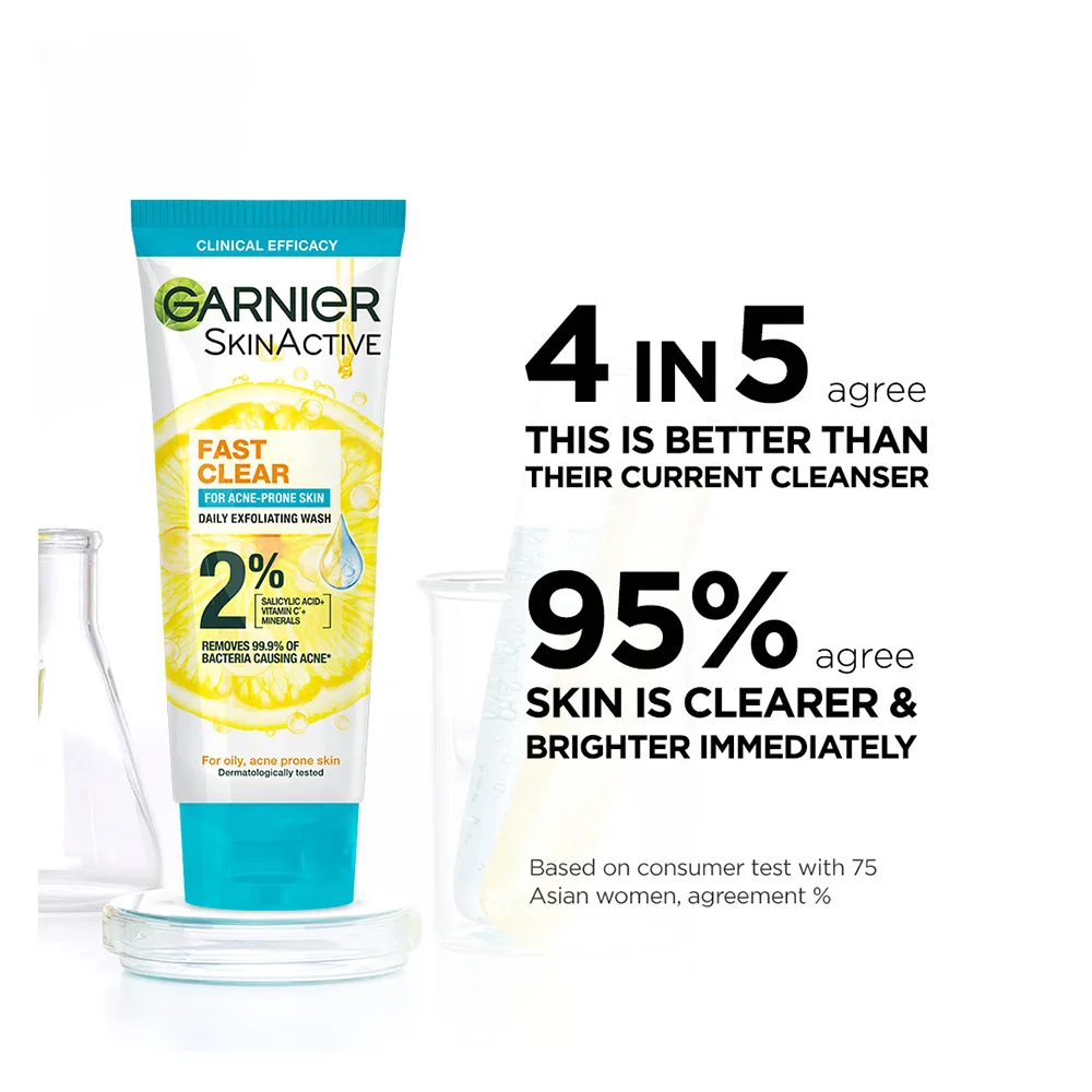 Close-up design of garnier fast clear facewash, for acne prone skin, 50ml