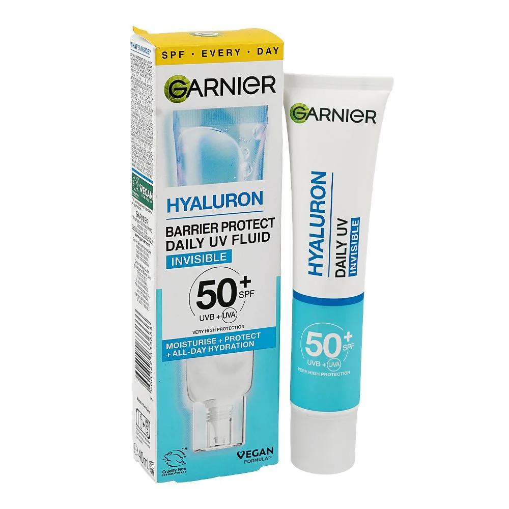 Garnier Hyaluron Barrier Protect Daily UV Fluid Invisible Serum, SPF 50+ Hyaluronic Acid & Glycerin, For All Types Of Skin, 40ml
