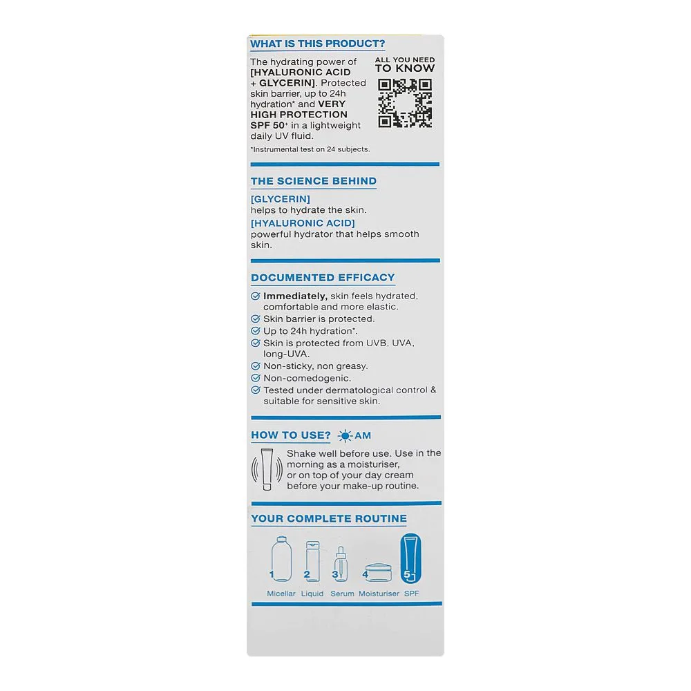 Side view of garnier hyaluron barrier protect daily uv fluid invisible serum, spf 50+ hyaluronic acid & glycerin, for all types of skin, 40ml