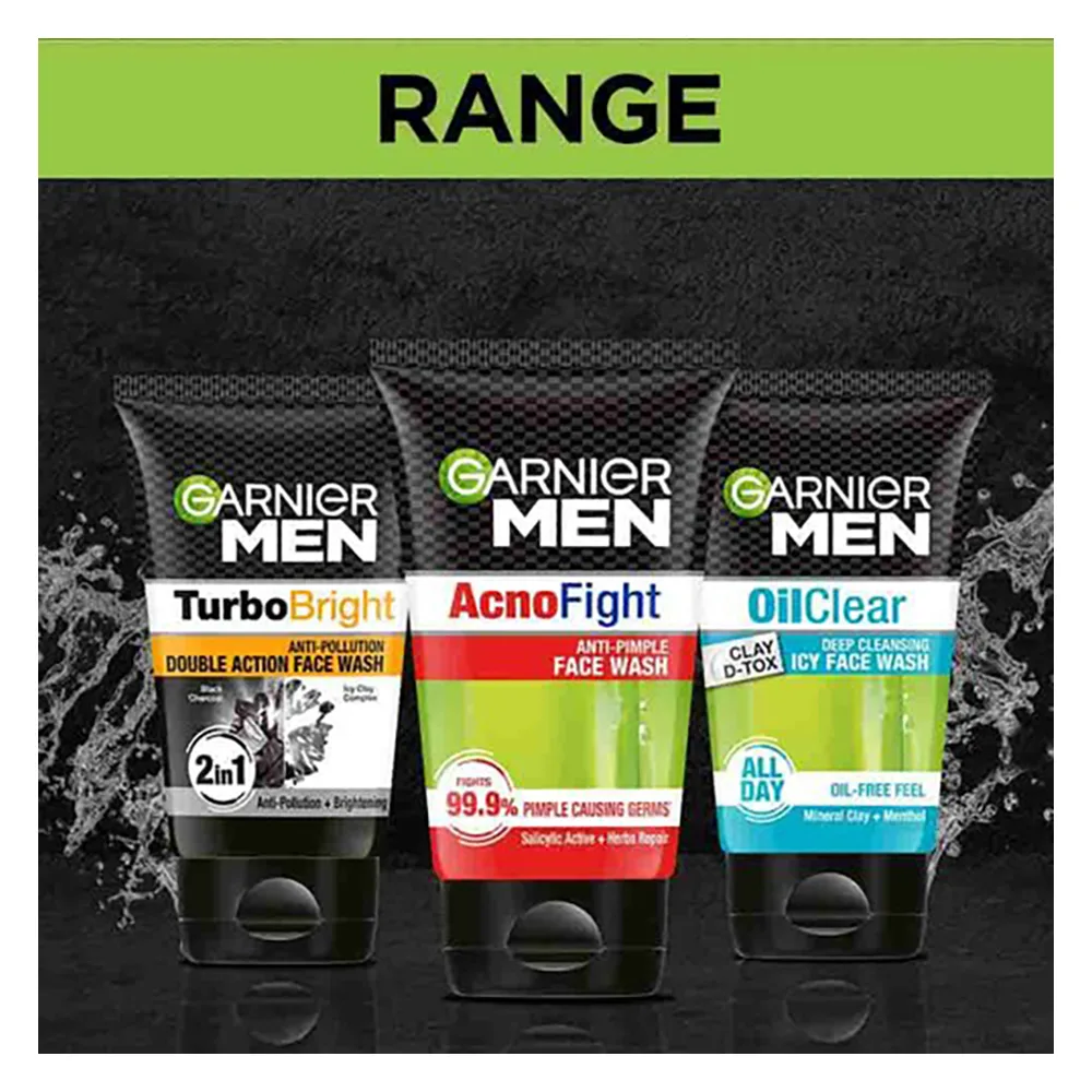 Close-up design of garnier men acno fight anti-pimple face wash 100ml - suits all skin types, including sensitive and acne-related skin issues