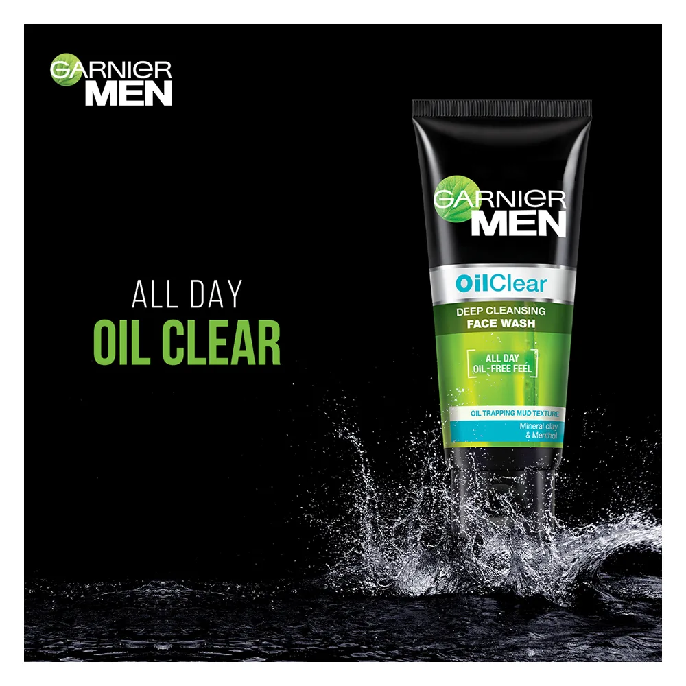 Close-up design of garnier men oil clear deep cleansing face wash, 100gm