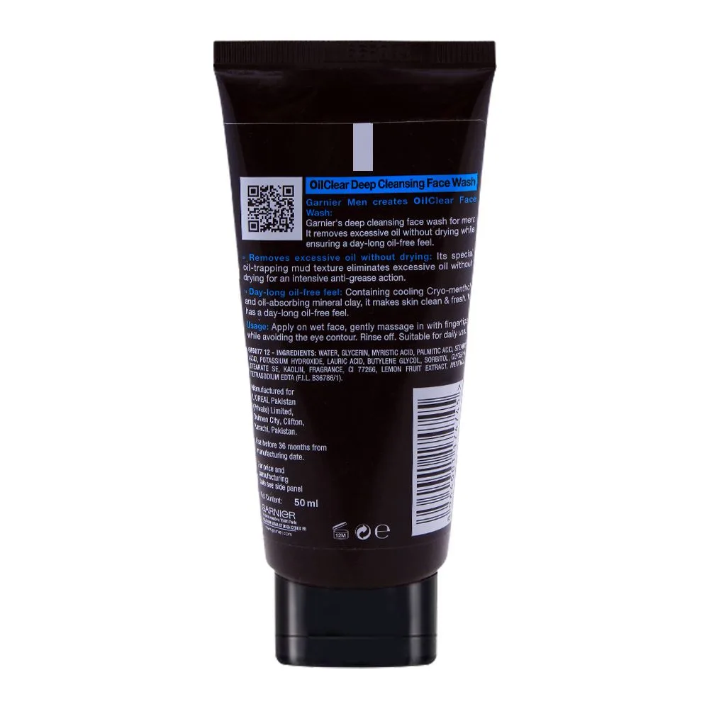Side view of garnier men oil clear face wash 50ml - removes impurities, keeps skin fresh & radiant all day