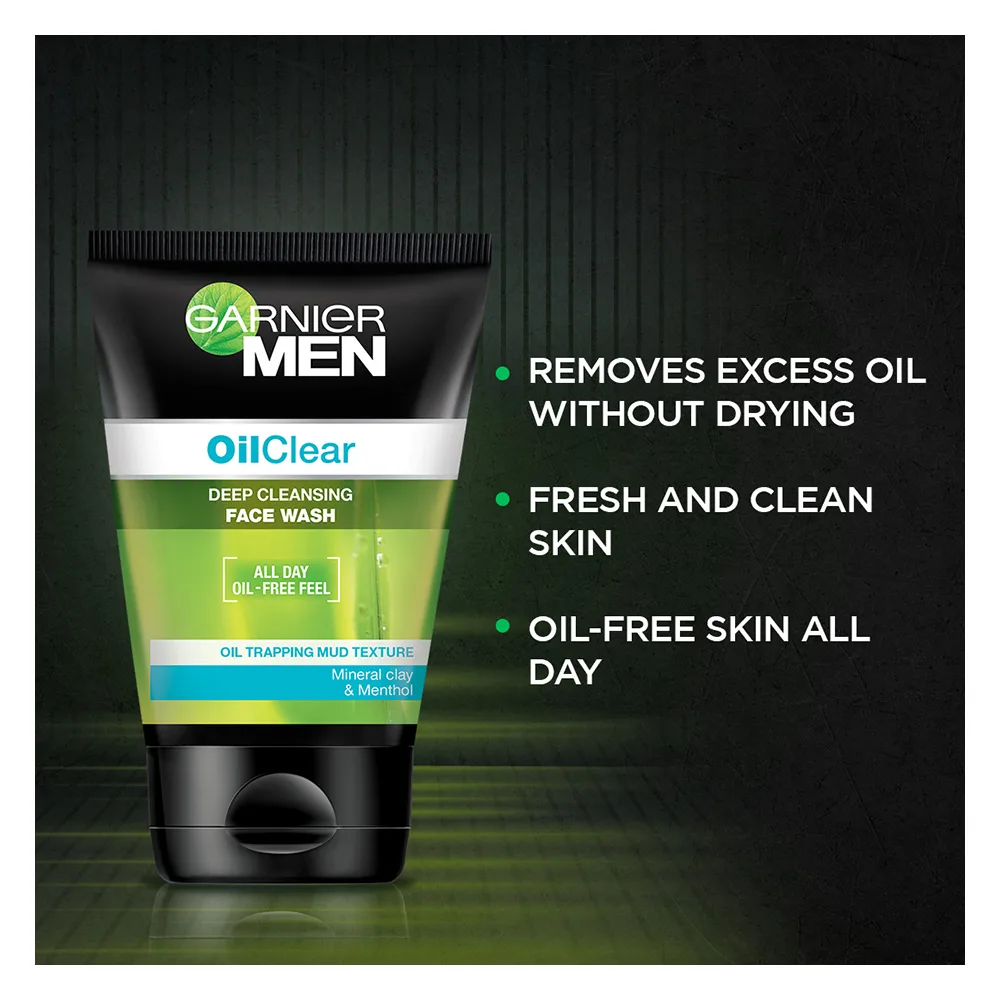 Close-up design of garnier men oil clear face wash 50ml - removes impurities, keeps skin fresh & radiant all day