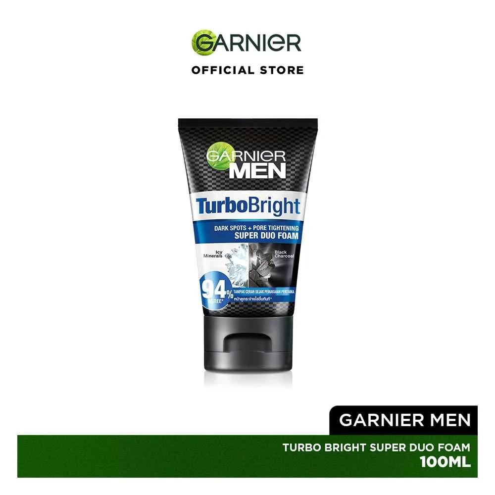 Comfortable casual garnier men turbo bright dark spots + pore tightening super duo foam, 100ml