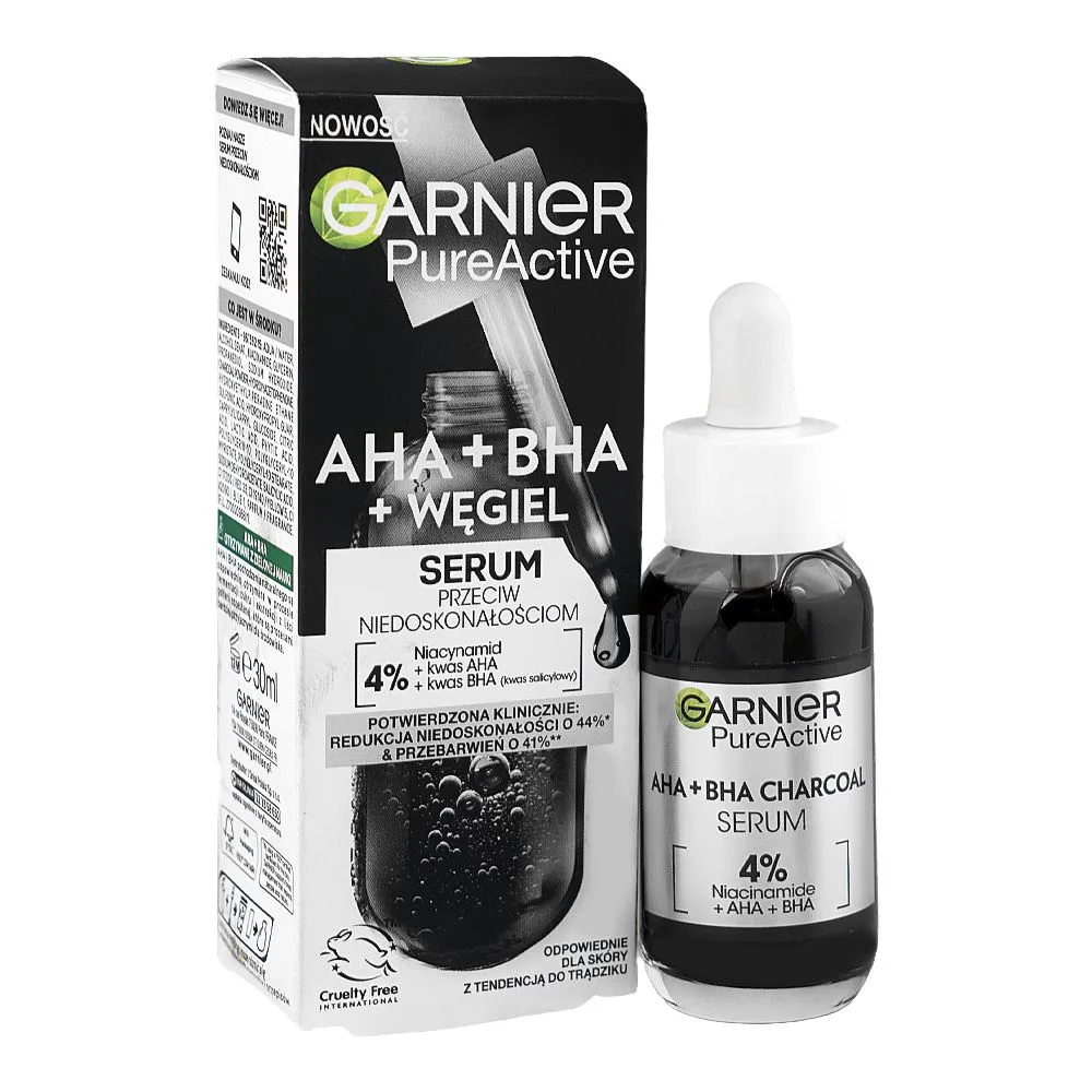 Garnier Pure Active AHA + BHA Wegiel Serum, Vegan, Niacinamide, For All Types Of Skin, 30ml