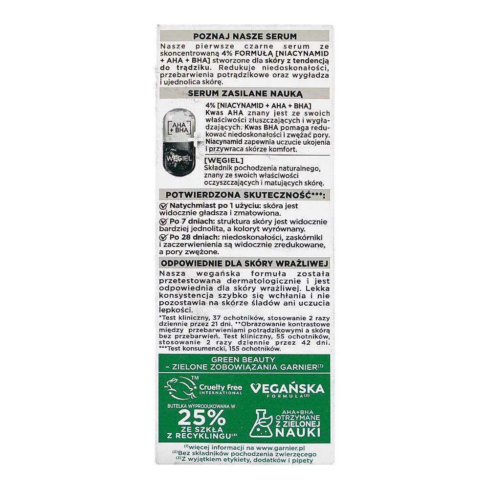 Side view of garnier pure active aha + bha wegiel serum, vegan, niacinamide, for all types of skin, 30ml