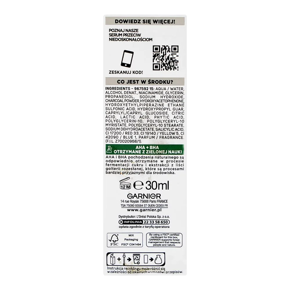 Comfortable casual garnier pure active aha + bha wegiel serum, vegan, niacinamide, for all types of skin, 30ml