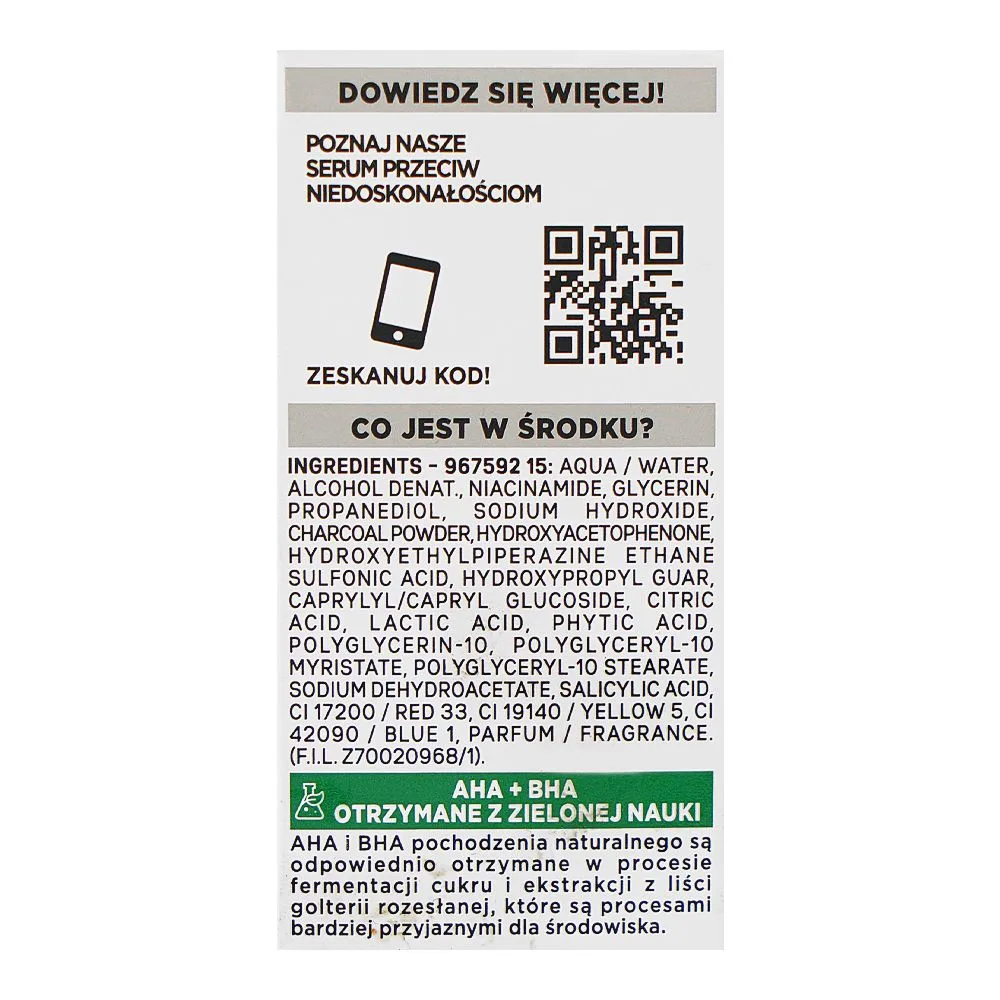 Close-up design of garnier pure active aha + bha wegiel serum, vegan, niacinamide, for all types of skin, 30ml