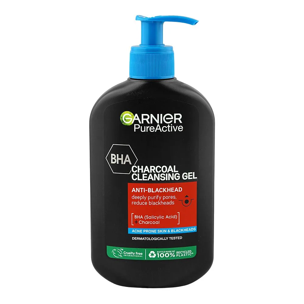 Garnier Pure Active BHA Anti-Blackhead Charcoal Cleansing Gel, Salicylic Acid, For Acne Prone Skin, 250ml