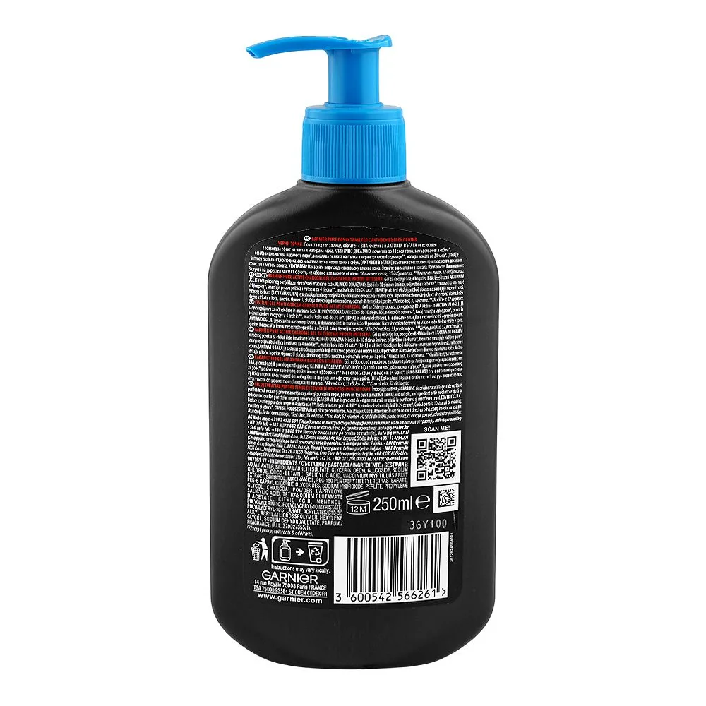 Side view of garnier pure active bha anti-blackhead charcoal cleansing gel, salicylic acid, for acne prone skin, 250ml