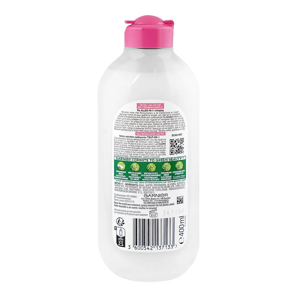 Side view of garnier skin active all-in-1 micellar cleansing water, citric acid, glycerin, for dry & sensitive skin, 400ml