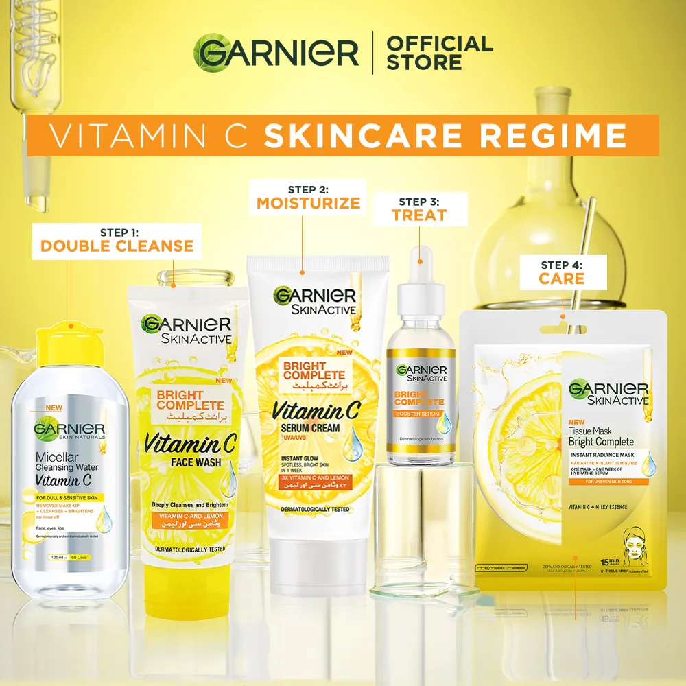 Side view of garnier skin active bright complete vitamin c booster serum 15 ml - contains niacinamide
