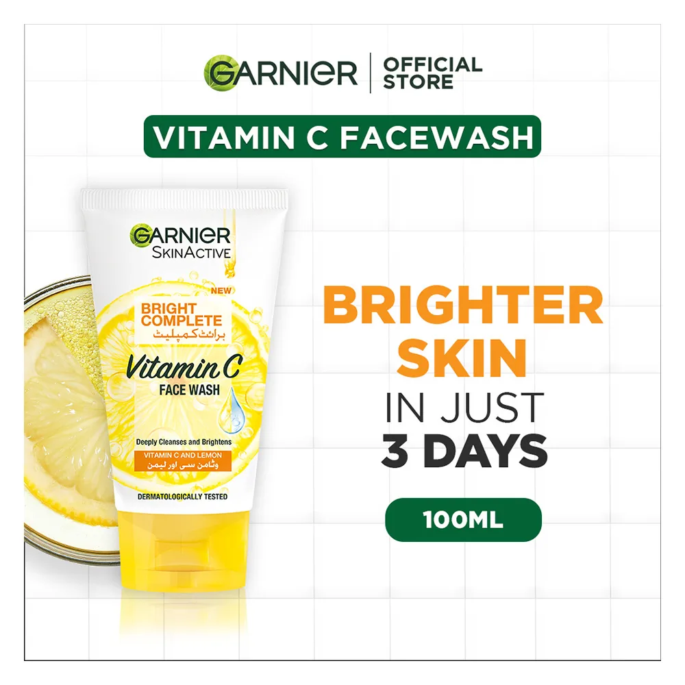 Side view of garnier skin active bright complete vitamin c face wash, 100ml - cleanse, remove impurities, and brightens your skin
