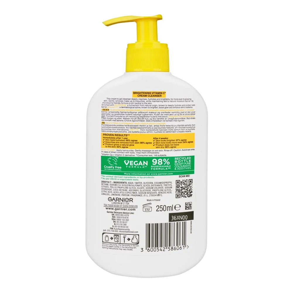 Side view of garnier skin active brightening vitamin c cream cleanser, ph neutral, for dull & uneven skin, 250ml