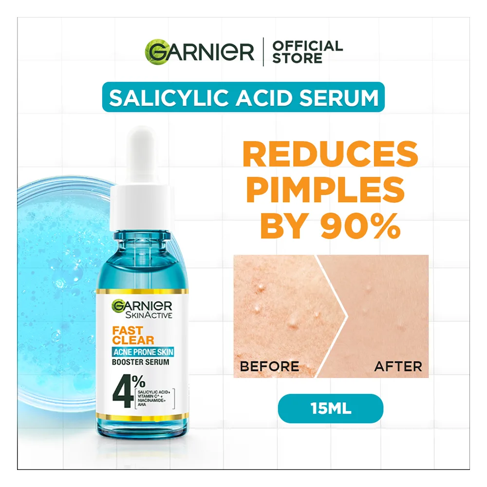 Side view of garnier skin active fast clear booster face serum, for acne prone skin, with salicylic acid, 15ml