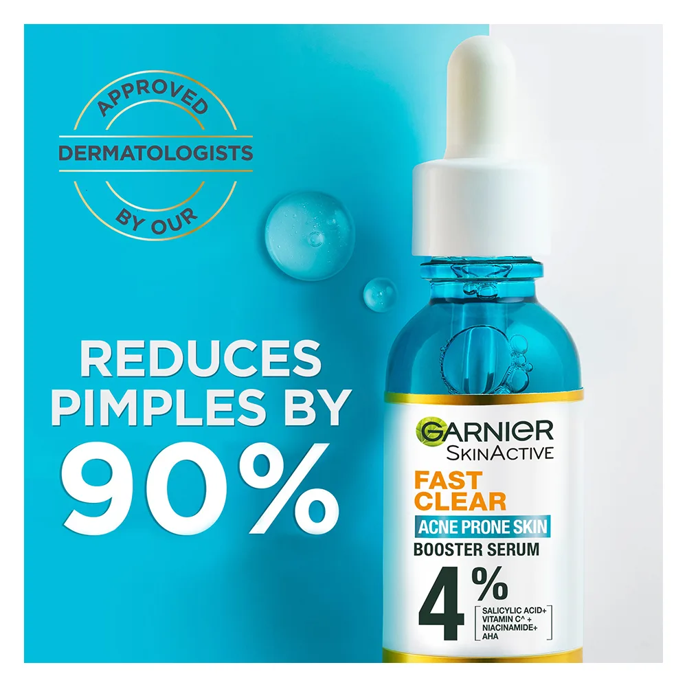 Front angle of garnier skin active fast clear booster face serum, for acne prone skin, with salicylic acid, 30ml