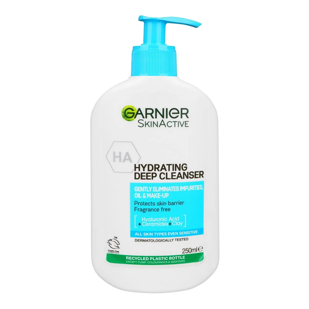 Garnier Skin Active HA Hydrating Deep Cleanser, Hyaluronic Acid+Clay, For All Skin Types, 250ml