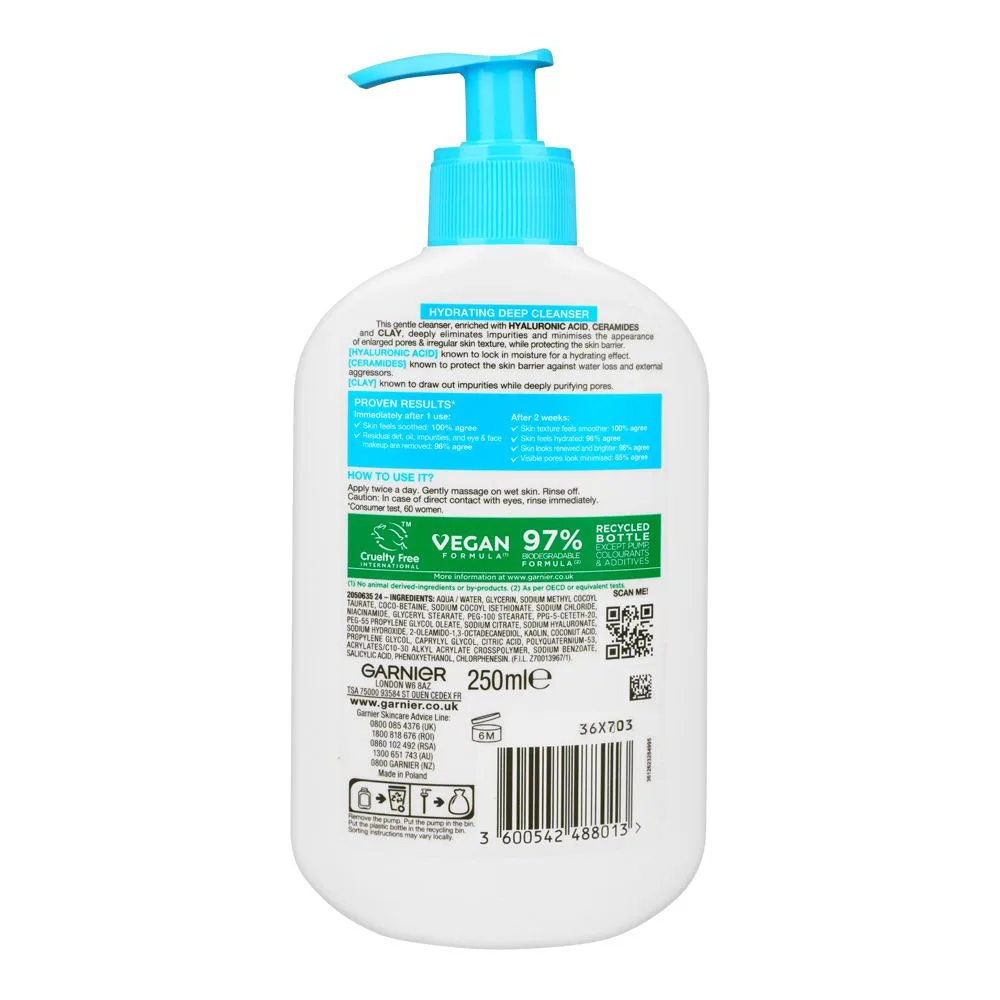 Side view of garnier skin active ha hydrating deep cleanser, hyaluronic acid+clay, for all skin types, 250ml