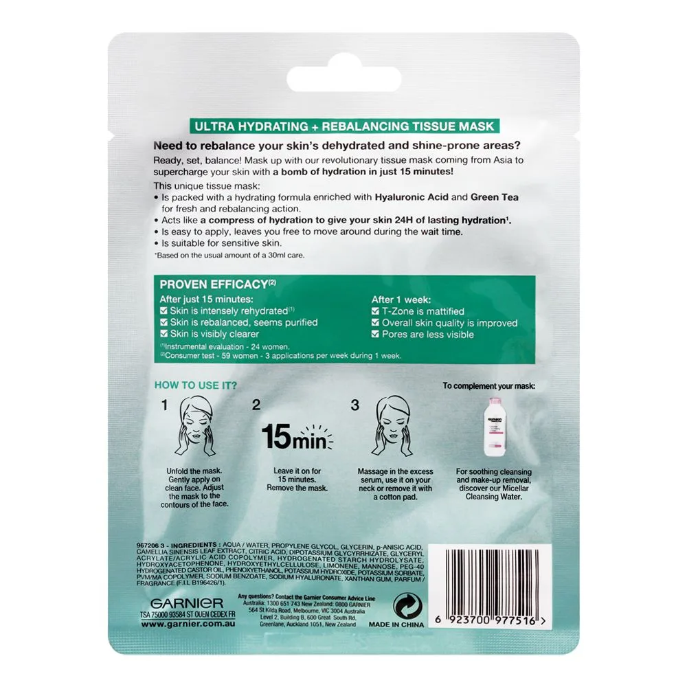 Side view of garnier skin active hydra bomb tissue mask, ultra hydrating + rebalancing, for normal to combination skin, 32g