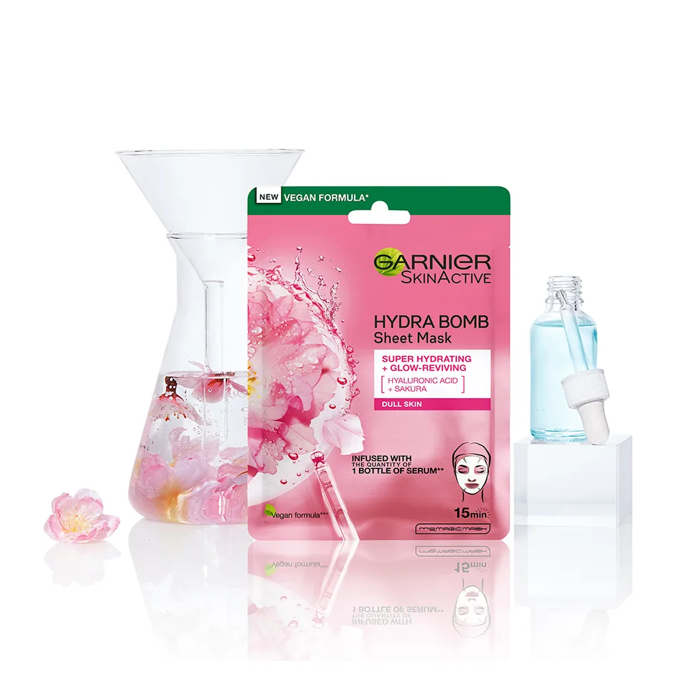 Side view of garnier skin active hydra bomb ultra hydrating glow boosting face mask, for dull skin, 32g
